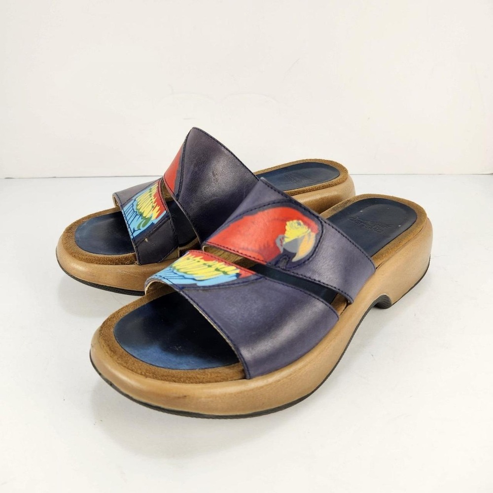 Dansko Women's 36 US 5.5-6 Blue Leather Bird Print Slide Sandals Clogs